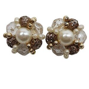 Vintage faux Pearl Beaded Cluster Clip On Earrings Gold Filigree